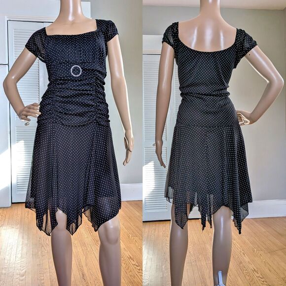 Vintage Y2K Polka Dot Mini Dress Mesh Milkmaid Whimsigoth Handkerchief Hem Large - Picture 1 of 12